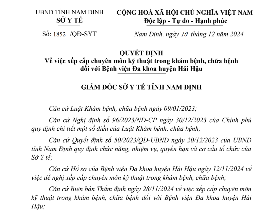 Về việc xếp cấp chuyên môn kỹ thuật trong khám bệnh, chữa bệnh (Số 1852/ QĐ-SYT)